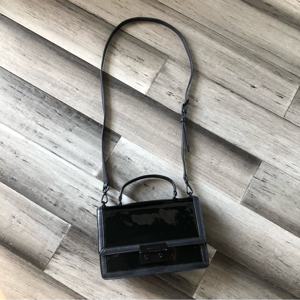 Michael Kors Callie All Black Patent Leather Lambskin Satchel Handbag Crossbody - Picture 2 of 14